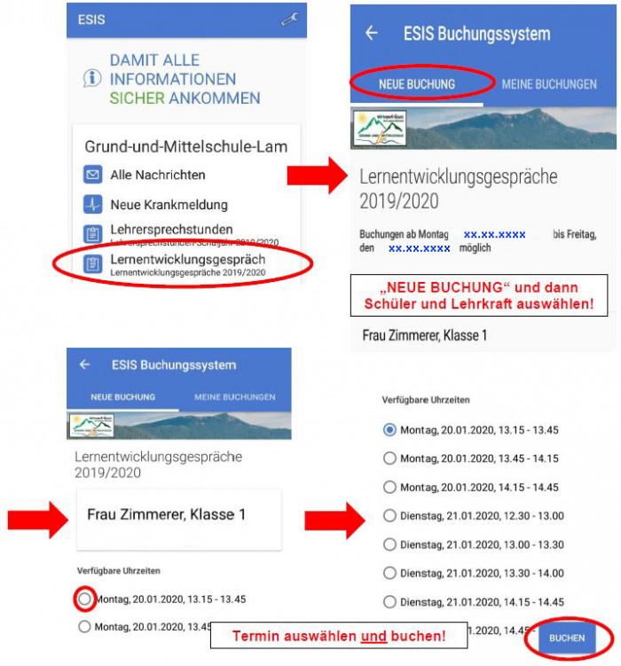 Terminreservierung bei Lernentwicklungsgespraechen durch ESIS App
